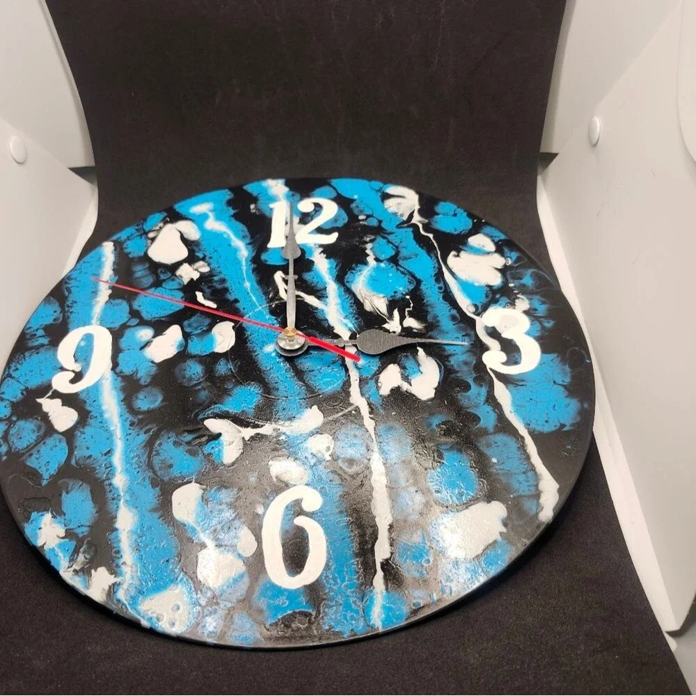 Hand Crafted Abstract Hanging Wall Clock Analog Vinyl Record Fluid Art Decor